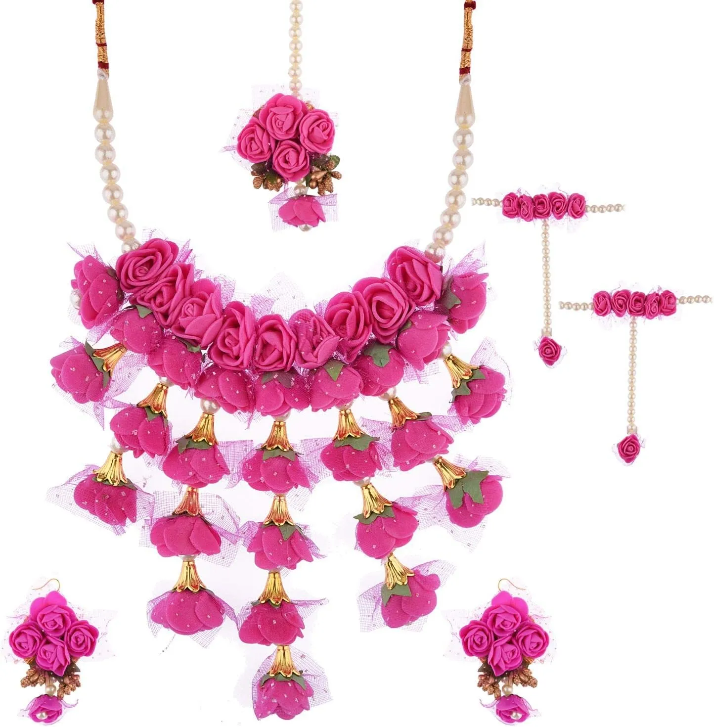 Efulgenz Indian Floral Haldi Mehandi Jewelry Set for Women Necklace Earrings Maangtikka Bracelet Set Flower Haldi Mehandi Jewelry Bollywood Bridal Wedding Jewelry