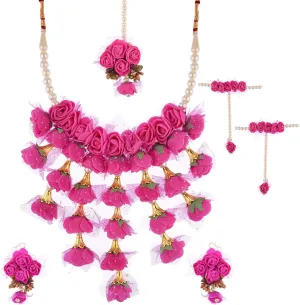 Efulgenz Indian Floral Haldi Mehandi Jewelry Set for Women Necklace Earrings Maangtikka Bracelet Set Flower Haldi Mehandi Jewelry Bollywood Bridal Wedding Jewelry