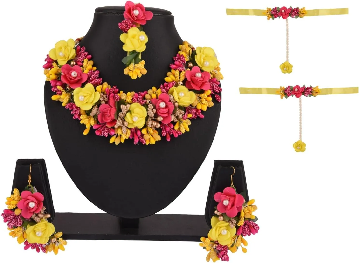Efulgenz Indian Haldi Jewellery Set Handmade Jewelry for Women Floral Flower Jewelry Set Choker Necklace Earrings Maang Tikka Bracelet with Finger Ring Wedding Haldi Mehandi Jewelry