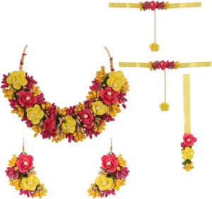 Efulgenz Indian Haldi Jewellery Set Handmade Jewelry for Women Floral Flower Jewelry Set Choker Necklace Earrings Maang Tikka Bracelet with Finger Ring Wedding Haldi Mehandi Jewelry