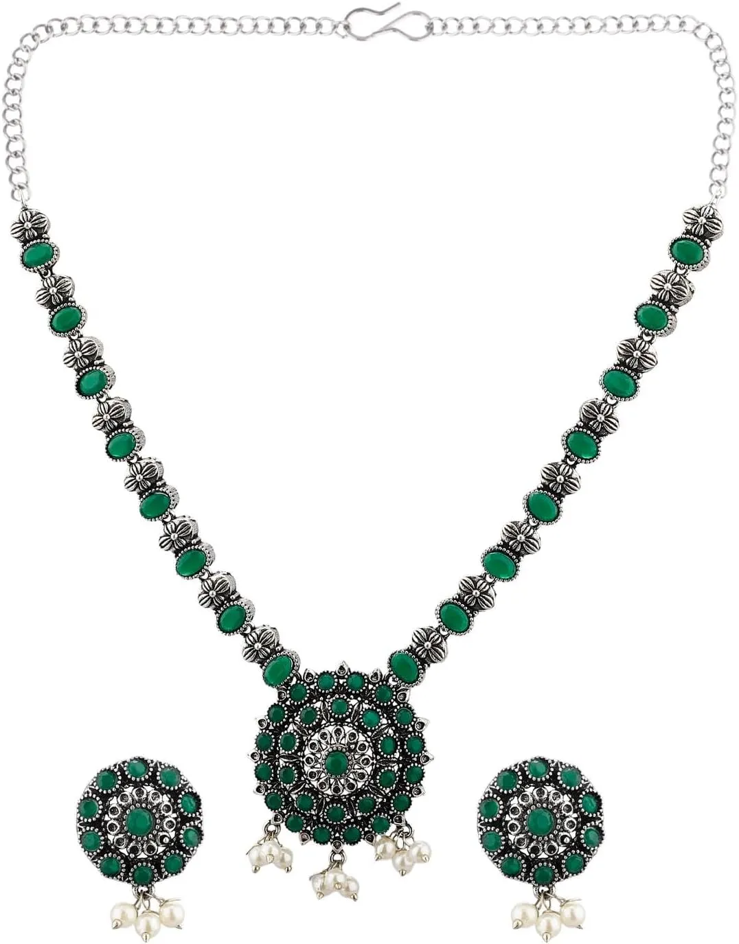 Efulgenz Indian Jewelry Sets for Women Crystal Stone Round Floral Necklace Sets with Faux Pearl Drop Dangle Earrings Choker Necklace Earrings Set Bohemian Jewelry Set for Women
