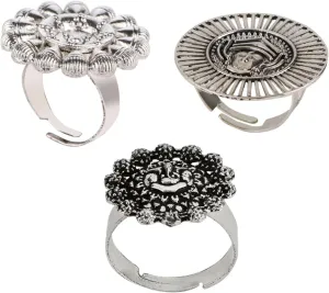 Efulgenz Indian Oxidized Jewelry for Navratri Multipack of 3 Boho Vintage Gypsy Indian Antique Oxidized Silver Adjustable Round Floral Big Fashion Party Bollywood Statement Jewelry for Women