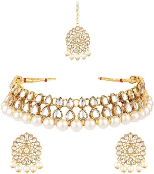 Efulgenz Kundan Necklace Indian Jewelry Kundan Crystal Faux Pearl Necklace Set Bollywood Wedding Choker Necklace Earrings Maang Tikka Bridal Set for Women