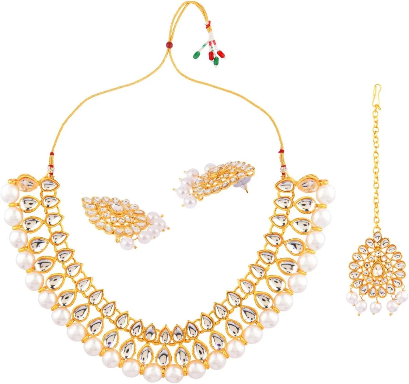 Efulgenz Kundan Necklace Indian Jewelry Kundan Crystal Faux Pearl Necklace Set Bollywood Wedding Choker Necklace Earrings Maang Tikka Bridal Set for Women
