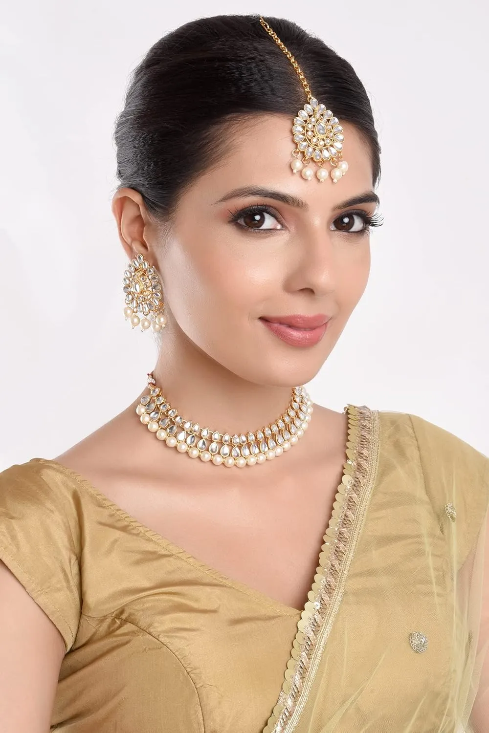 Efulgenz Kundan Necklace Indian Jewelry Kundan Crystal Faux Pearl Necklace Set Bollywood Wedding Choker Necklace Earrings Maang Tikka Bridal Set for Women