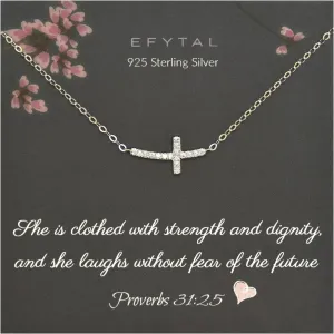 EFYTAL Dainty Sterling Silver Sideways Cross Necklace, Baptism, Confirmation, First Communion Gift for Women, Christian Jewelry, Catholic Gift