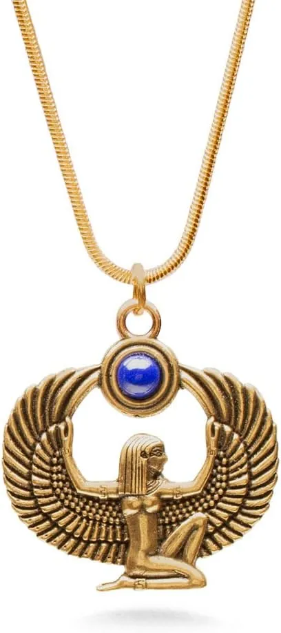 Egyptian Goddess Isis Pendant Necklace with Lapis - Antique Gold