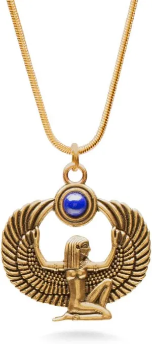 Egyptian Goddess Isis Pendant Necklace with Lapis - Antique Gold