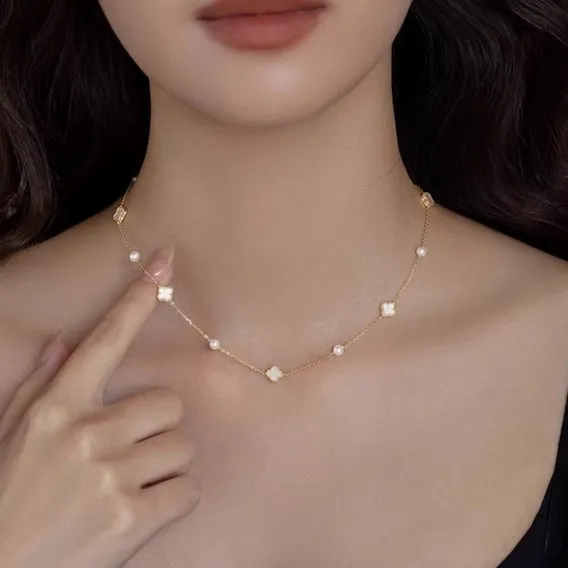 Elegant MOP Lucky Clover Pearls Beads Necklace