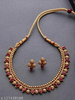 Elegant South Indian Bridal Jewelry Set - Gold Plated Choker Necklace with Earrings, Adjustable Maangalyam Set for Women &amp; Girls