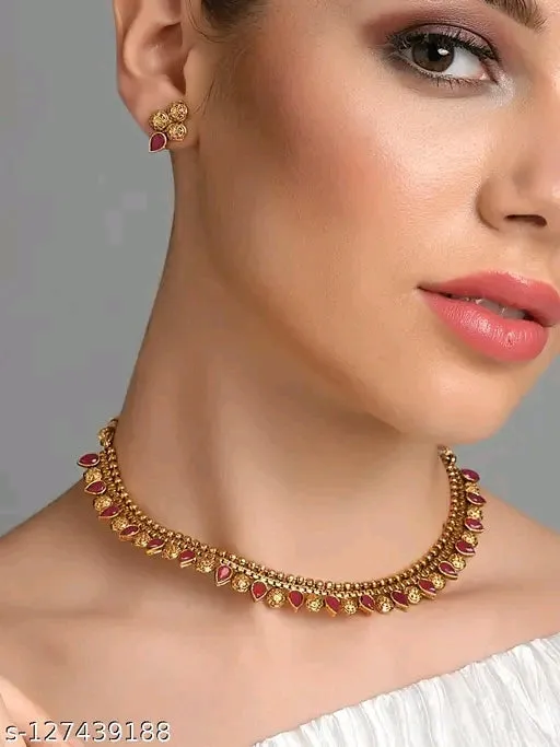 Elegant South Indian Bridal Jewelry Set - Gold Plated Choker Necklace with Earrings, Adjustable Maangalyam Set for Women &amp; Girls