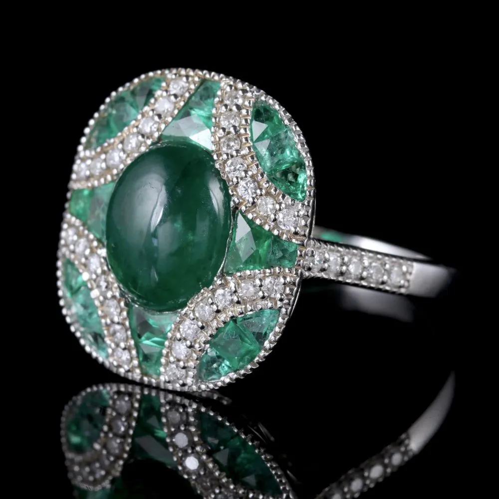 Emerald Diamond Cluster Ring 18Ct White Gold