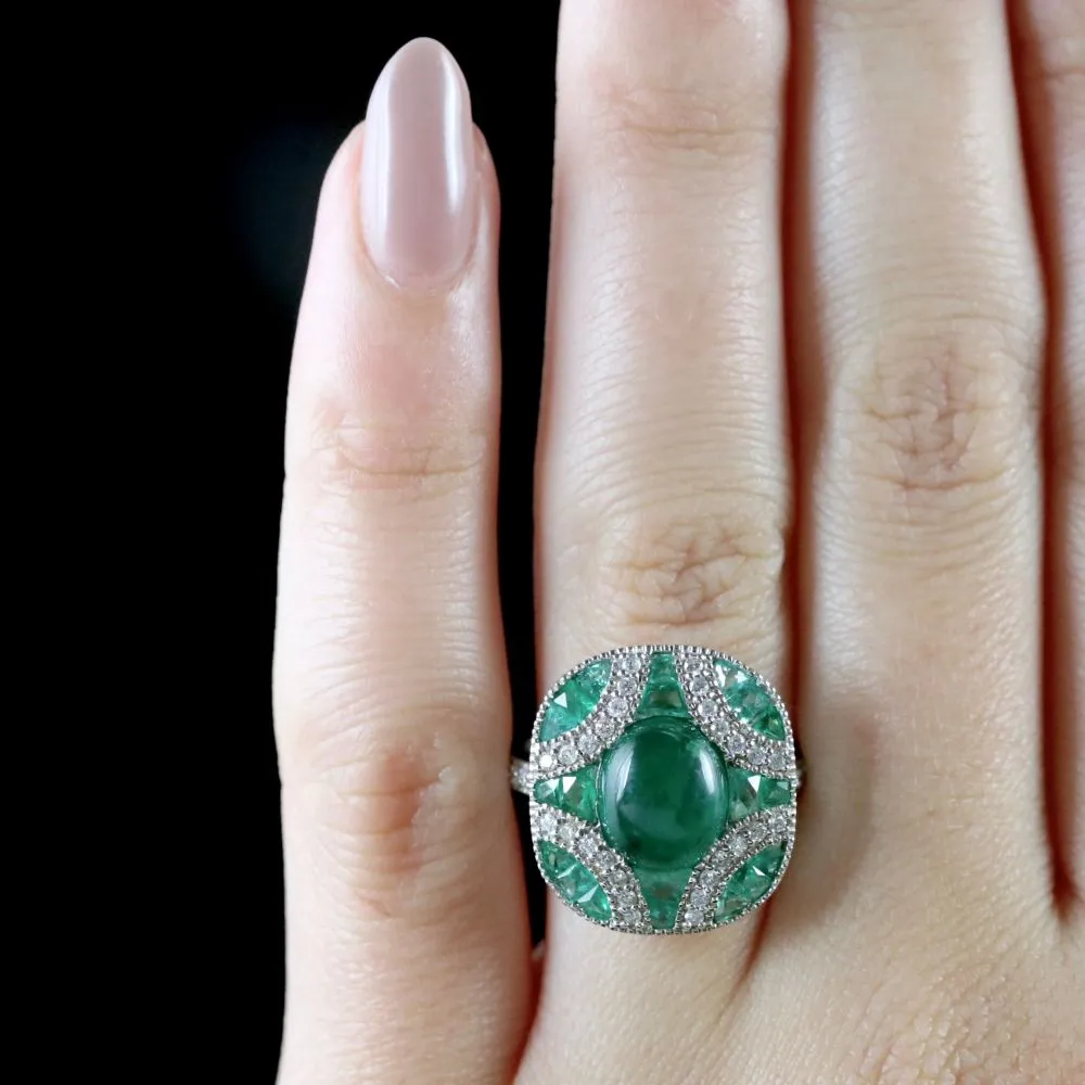 Emerald Diamond Cluster Ring 18Ct White Gold