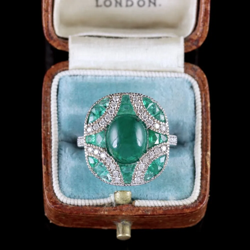 Emerald Diamond Cluster Ring 18Ct White Gold