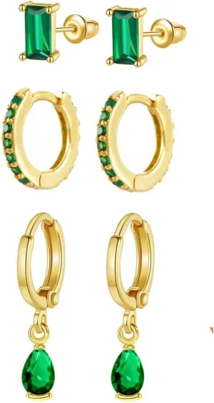 Emerald Green Earrings Set for Women 14k Gold Huggie Earring Cartilage Tiny Small Gold Baguette Drop Stud Earrings Set Jewelry Gift for Women