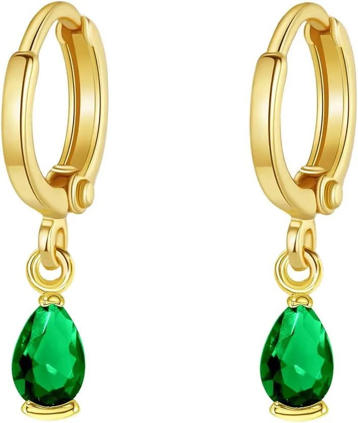 Emerald Green Earrings Set for Women 14k Gold Huggie Earring Cartilage Tiny Small Gold Baguette Drop Stud Earrings Set Jewelry Gift for Women