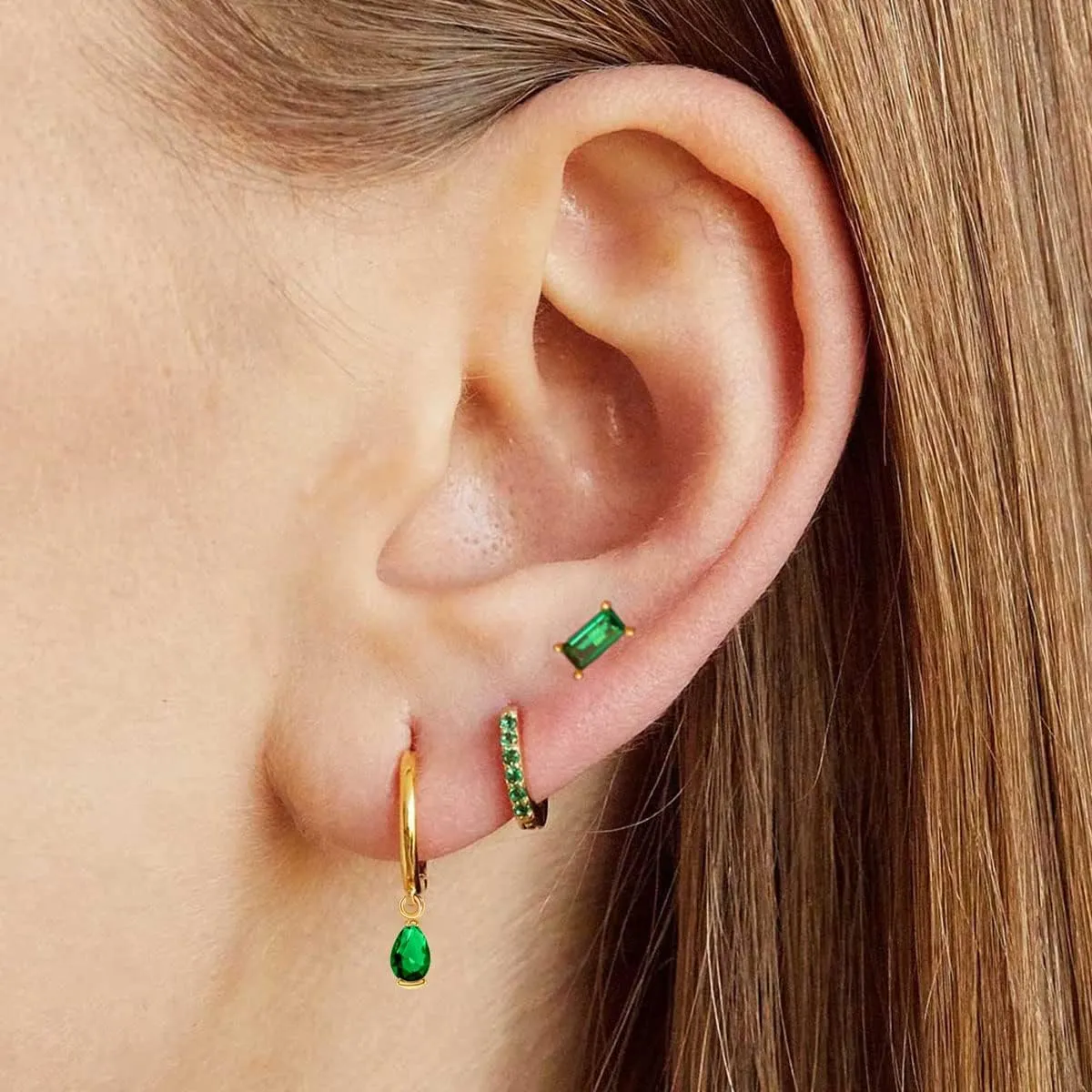 Emerald Green Earrings Set for Women 14k Gold Huggie Earring Cartilage Tiny Small Gold Baguette Drop Stud Earrings Set Jewelry Gift for Women