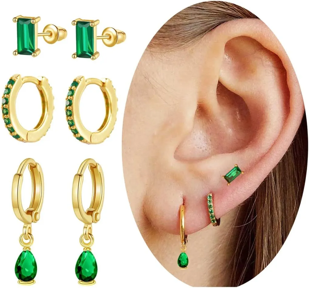 Emerald Green Earrings Set for Women 14k Gold Huggie Earring Cartilage Tiny Small Gold Baguette Drop Stud Earrings Set Jewelry Gift for Women