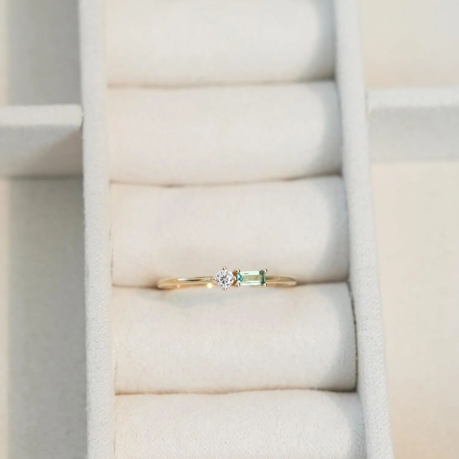 espere Solid Gold Dainty Two Stone Stackable Cluster Ring | 14K Yellow Gold Petite Ring with Baguette Cut Lab-Grown Emerald and Round Moissanite | Womens Wedding Ring Promise Gift For Her