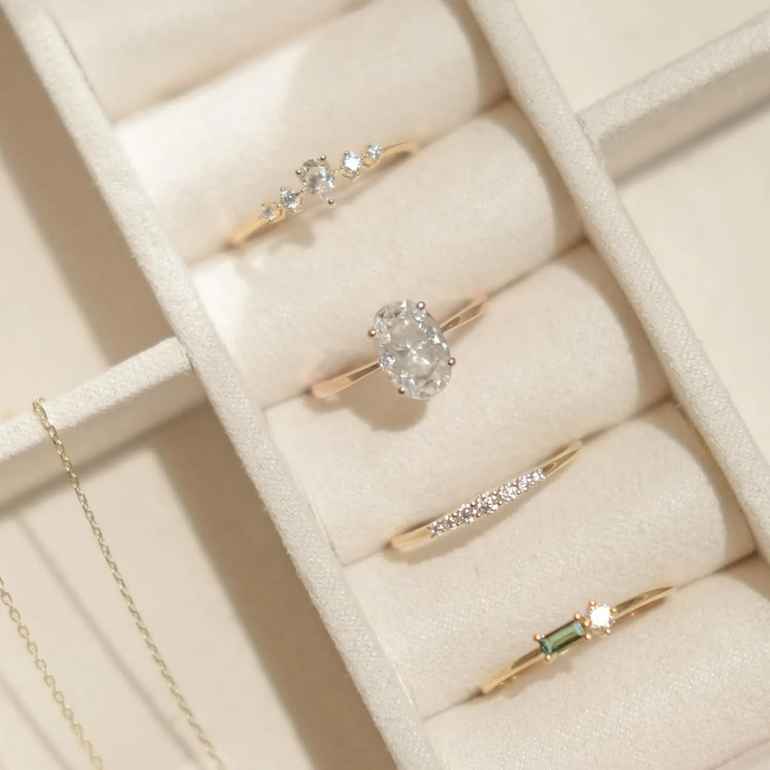 espere Solid Gold Dainty Two Stone Stackable Cluster Ring | 14K Yellow Gold Petite Ring with Baguette Cut Lab-Grown Emerald and Round Moissanite | Womens Wedding Ring Promise Gift For Her