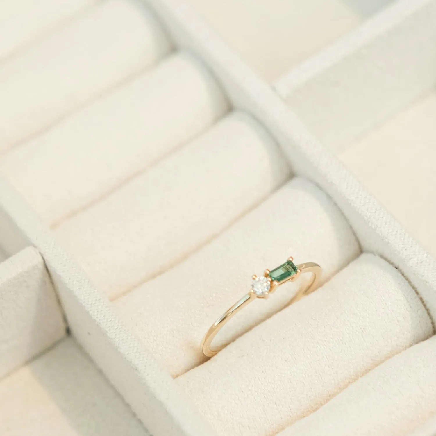 espere Solid Gold Dainty Two Stone Stackable Cluster Ring | 14K Yellow Gold Petite Ring with Baguette Cut Lab-Grown Emerald and Round Moissanite | Womens Wedding Ring Promise Gift For Her