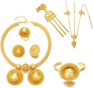 Ethiopian Jewelry for women Set New Designs 24K Gold Plated Pendant Earrings Hairpin Headchain Ring Habesha Wedding Gifts