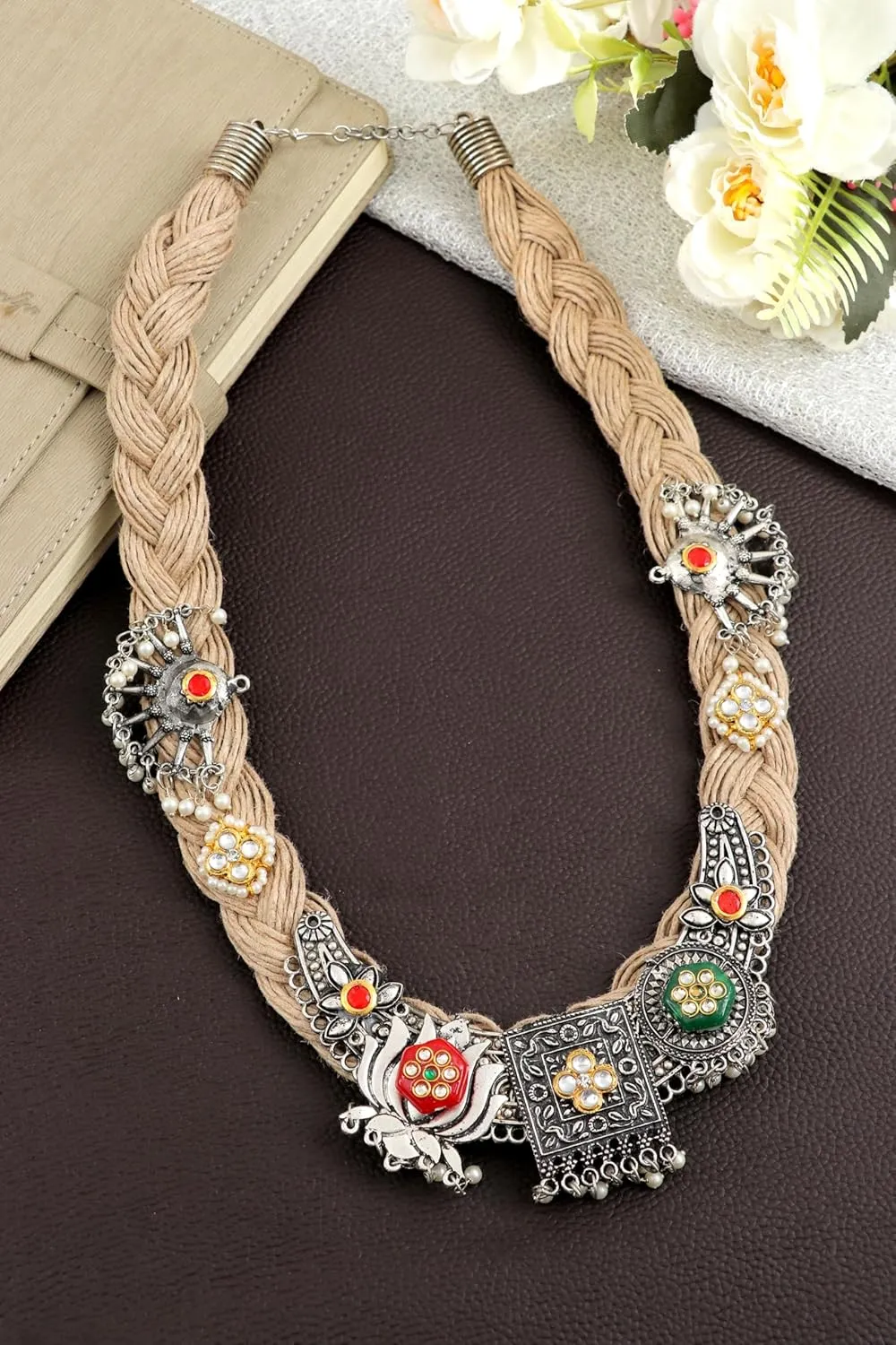 Ethnic Bohemian Indian Traditional Afghani Statement Jute Thread Silver Oxidized Handmade Gypsy Choker Necklace Jewelry