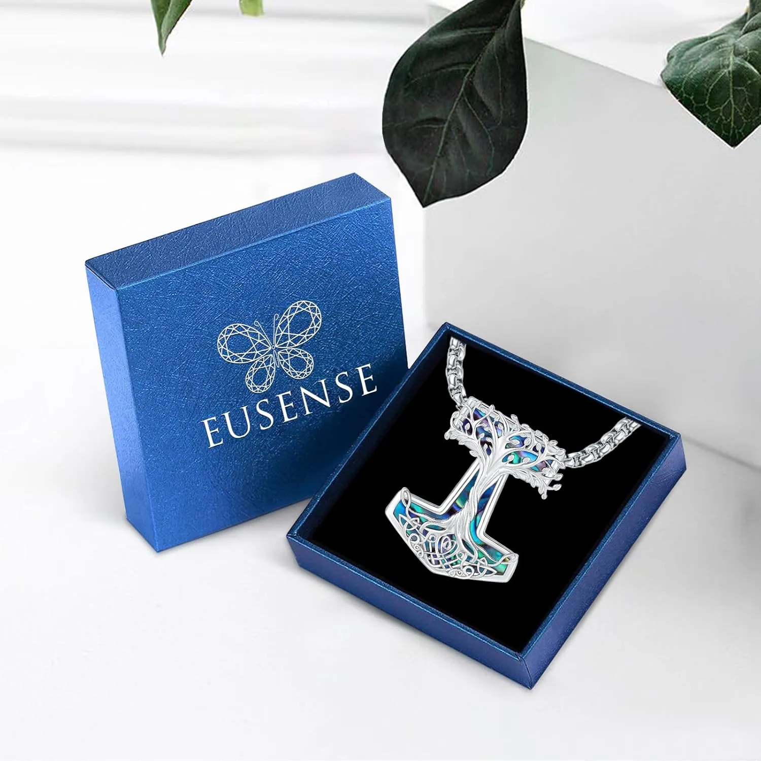 Eusense Viking Jewelry for Men Women Sterling Silver 925 Mjolnir Thors Hammer Pendant Celtic Cross Necklace Wolf Odin Raven Freya Goddess Norse Pagan Compass Vegvisir Yggdrasil Nordic Viking Necklaces Gifts