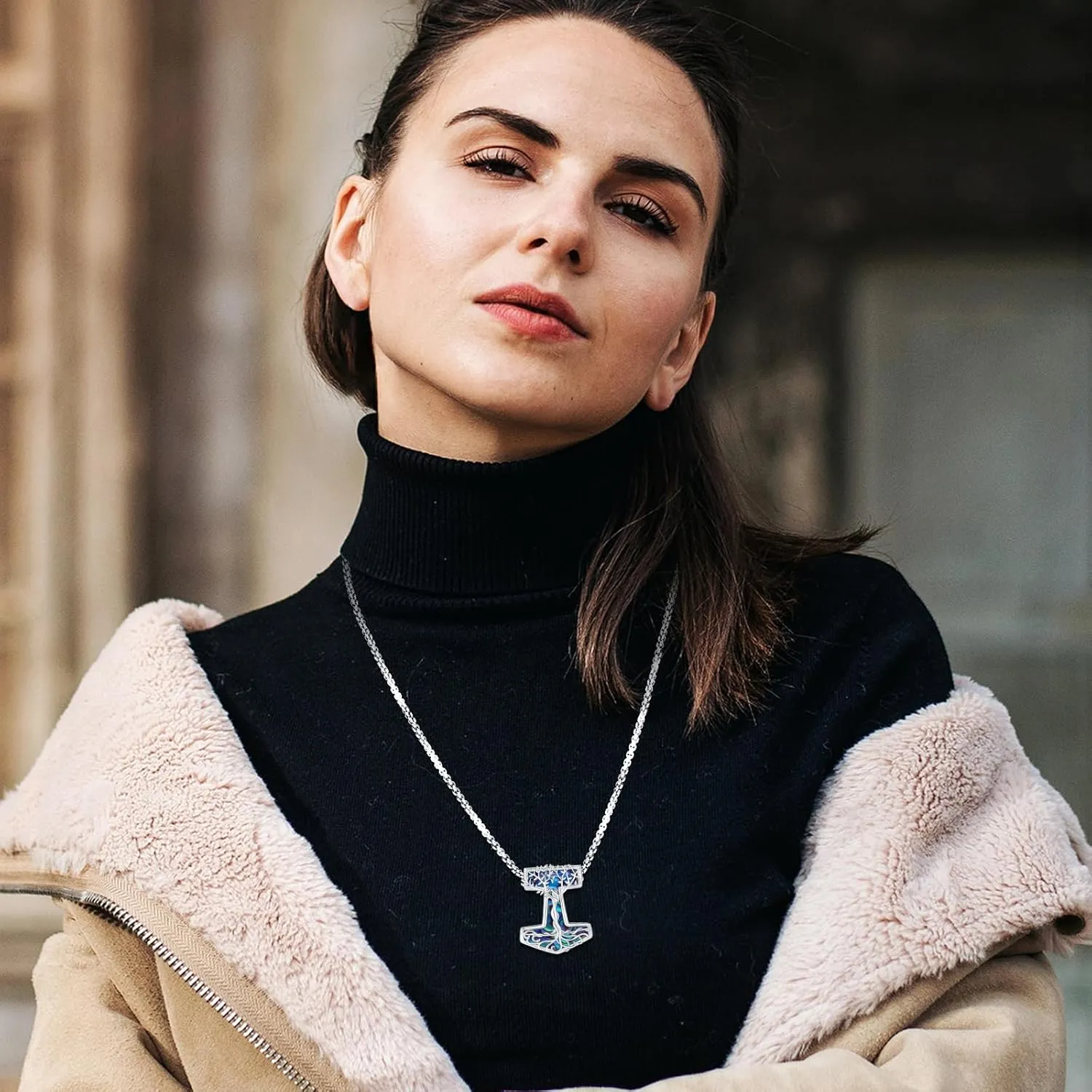 Eusense Viking Jewelry for Men Women Sterling Silver 925 Mjolnir Thors Hammer Pendant Celtic Cross Necklace Wolf Odin Raven Freya Goddess Norse Pagan Compass Vegvisir Yggdrasil Nordic Viking Necklaces Gifts