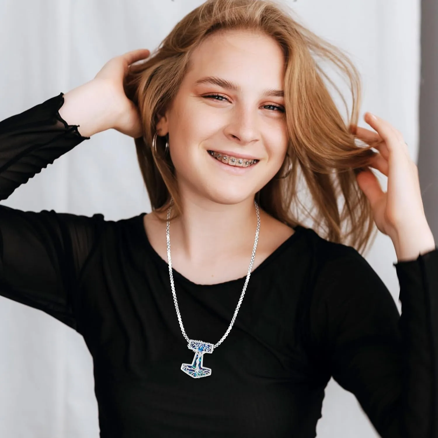 Eusense Viking Jewelry for Men Women Sterling Silver 925 Mjolnir Thors Hammer Pendant Celtic Cross Necklace Wolf Odin Raven Freya Goddess Norse Pagan Compass Vegvisir Yggdrasil Nordic Viking Necklaces Gifts