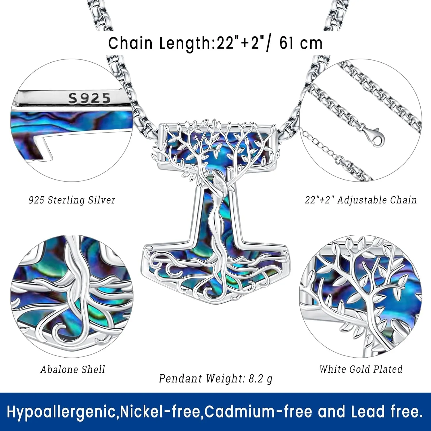 Eusense Viking Jewelry for Men Women Sterling Silver 925 Mjolnir Thors Hammer Pendant Celtic Cross Necklace Wolf Odin Raven Freya Goddess Norse Pagan Compass Vegvisir Yggdrasil Nordic Viking Necklaces Gifts