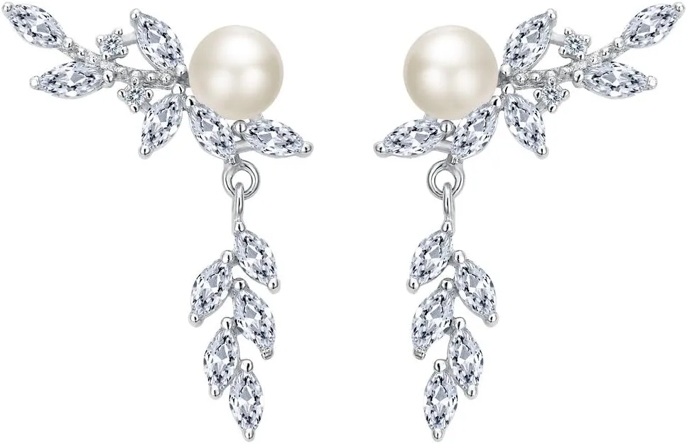 EVER FAITH 925 Sterling Silver CZ 4MM Cultured Pearl Leaf Ear Wrap Cuff Stud Post Crawler Climber Earrings