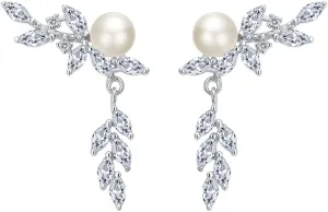 EVER FAITH 925 Sterling Silver CZ 4MM Cultured Pearl Leaf Ear Wrap Cuff Stud Post Crawler Climber Earrings