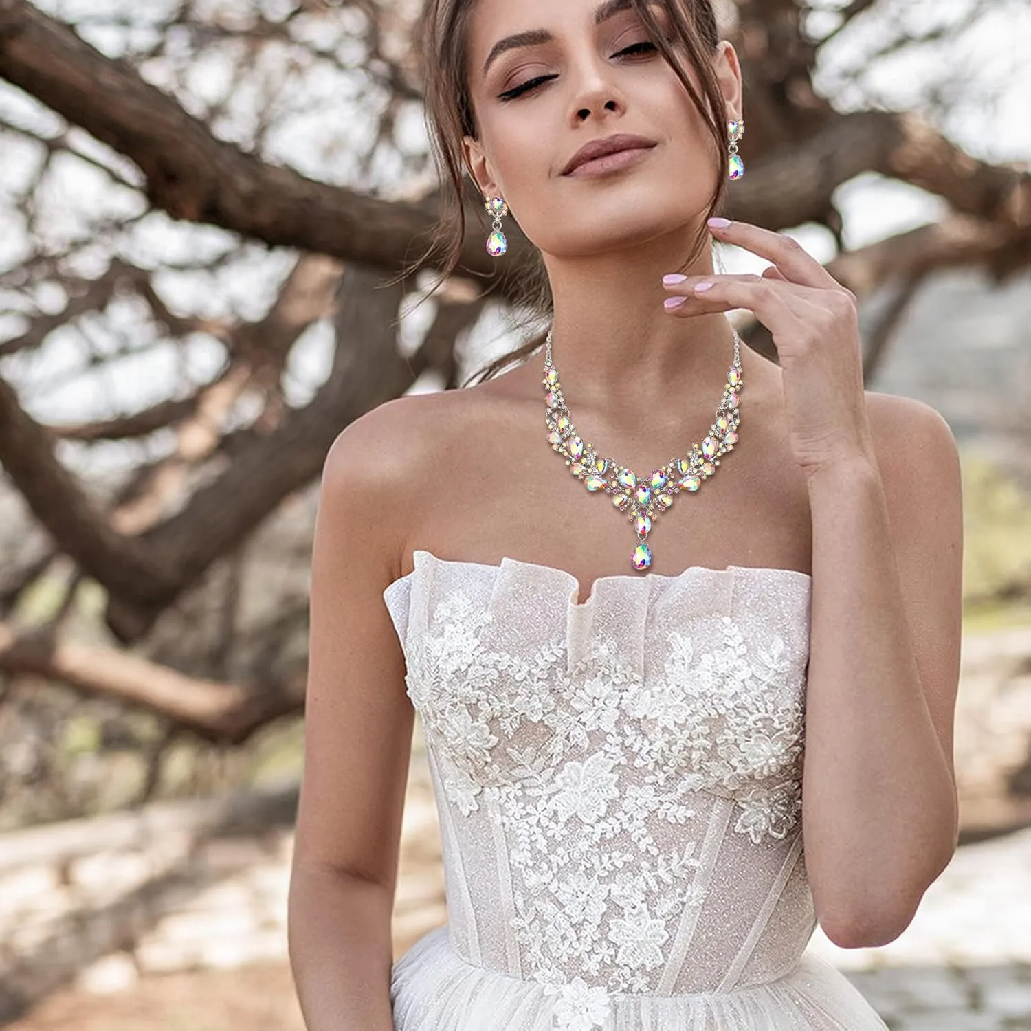 EVER FAITH Austrian Crystal Bridal Bridesmaid Jewelry Set, Elegant Flower Cluster Water Drop Statement Necklace Dangle Earrings Set for Women