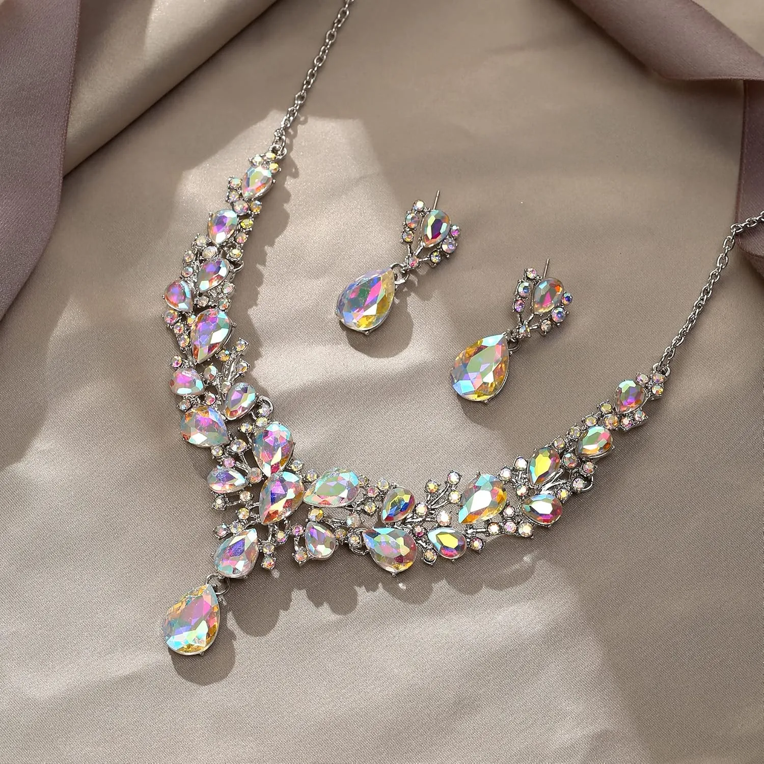 EVER FAITH Austrian Crystal Bridal Bridesmaid Jewelry Set, Elegant Flower Cluster Water Drop Statement Necklace Dangle Earrings Set for Women