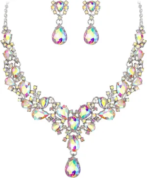 EVER FAITH Austrian Crystal Bridal Bridesmaid Jewelry Set, Elegant Flower Cluster Water Drop Statement Necklace Dangle Earrings Set for Women