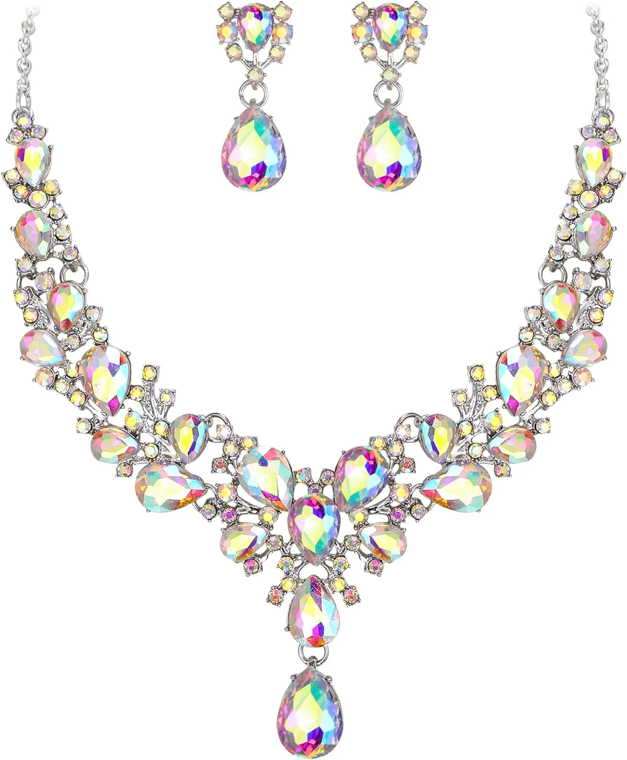 EVER FAITH Austrian Crystal Bridal Bridesmaid Jewelry Set, Elegant Flower Cluster Water Drop Statement Necklace Dangle Earrings Set for Women
