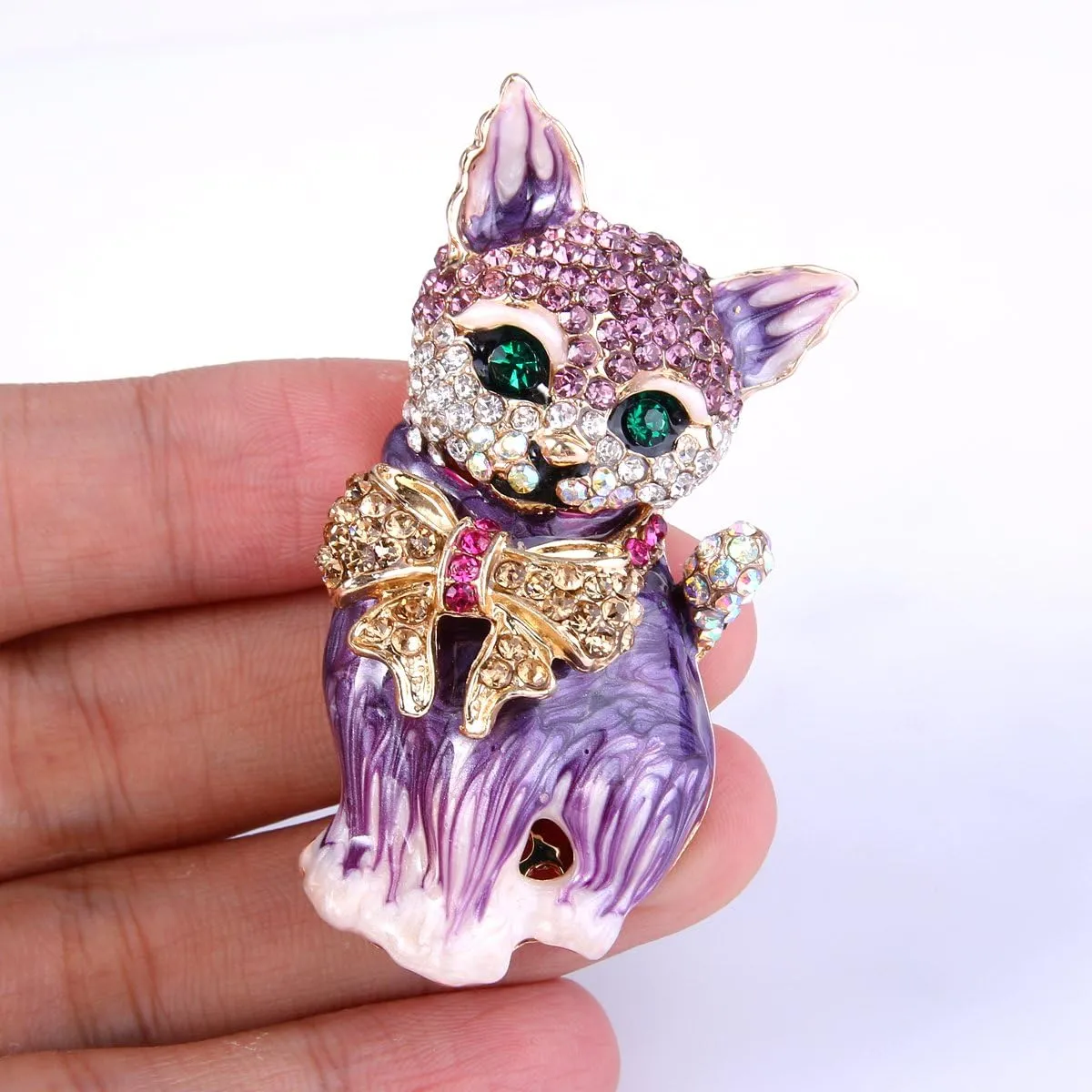 EVER FAITH Austrian Crystal Lovely Plump 3D Bowknot Cat Brooch Enamel Pet Animal Kitten Brooches Dress Suit Sweater Scarves Accessoriesfor Women