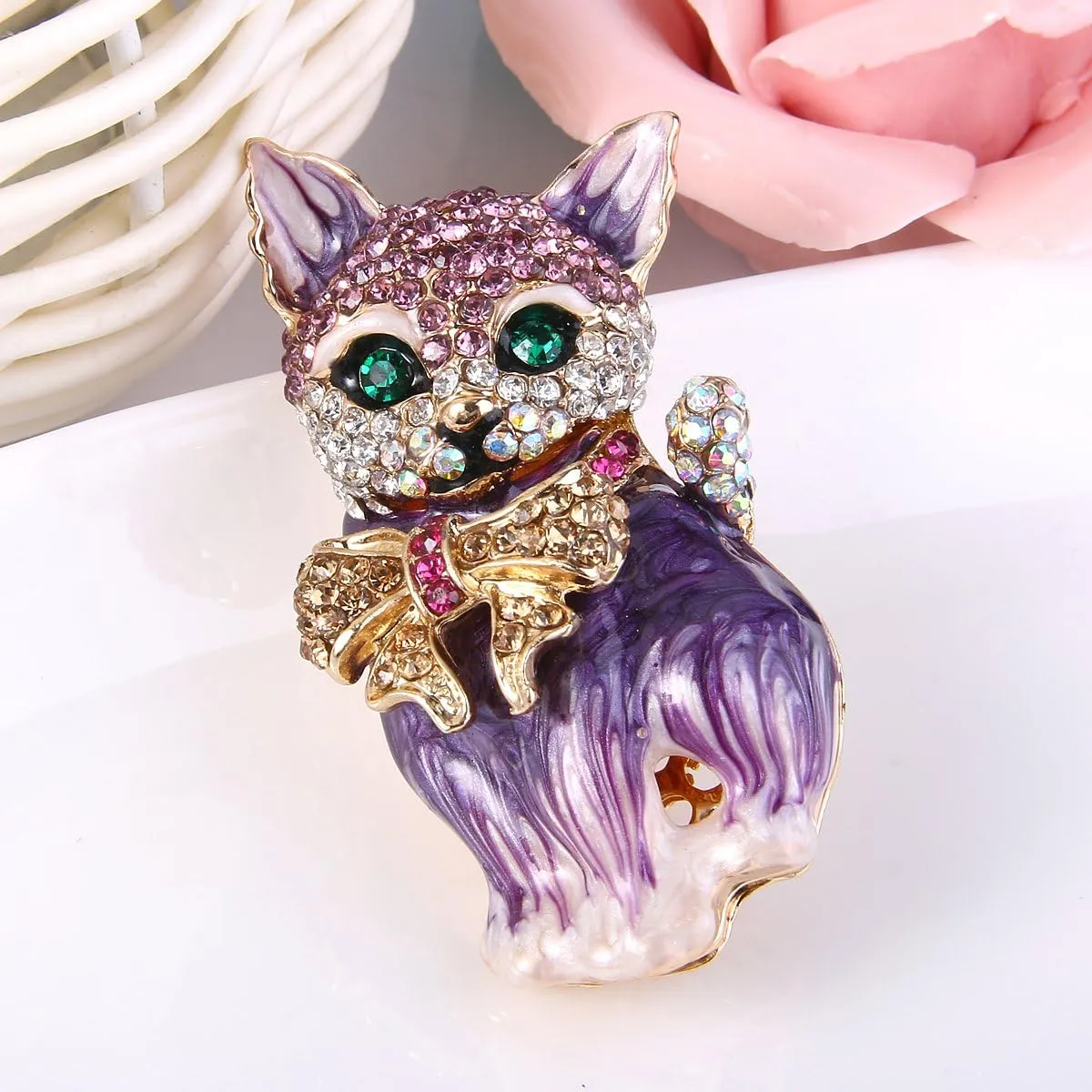 EVER FAITH Austrian Crystal Lovely Plump 3D Bowknot Cat Brooch Enamel Pet Animal Kitten Brooches Dress Suit Sweater Scarves Accessoriesfor Women