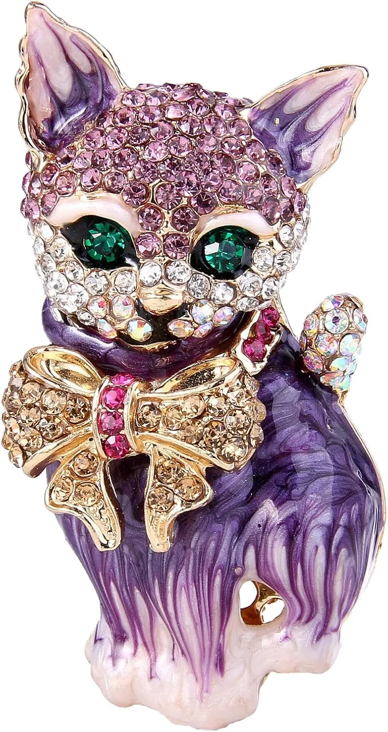 EVER FAITH Austrian Crystal Lovely Plump 3D Bowknot Cat Brooch Enamel Pet Animal Kitten Brooches Dress Suit Sweater Scarves Accessoriesfor Women