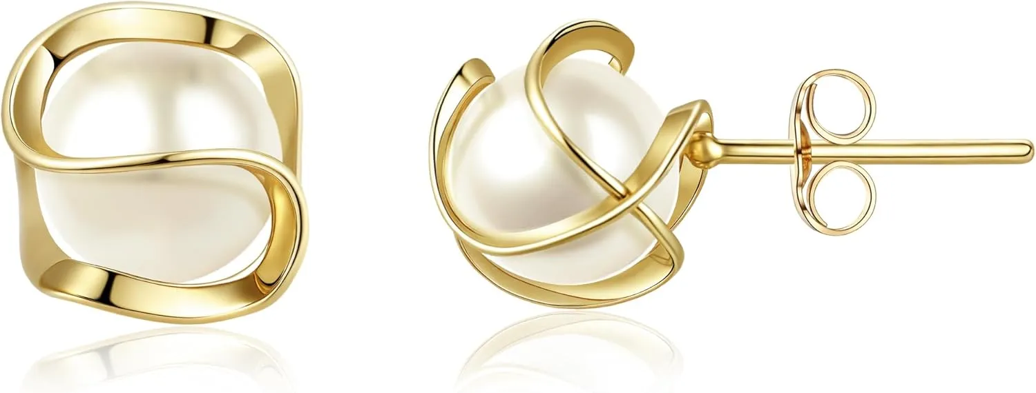EVER FAITH Fashion 14K Gold Plated Caged Faux Pearl Stud Earrings Hypoallergenic Wedding Anniversary Prom Birthday Jewelry Gifts for Women