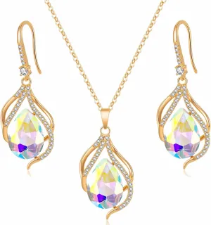 EVEVIC Austrian Crystals Teardrop Hollow Twisted Pendant Necklace Earrings for Women 14K Gold Plated Halo Drop Dangle Earrings Hypoallergenic Jewelry Set