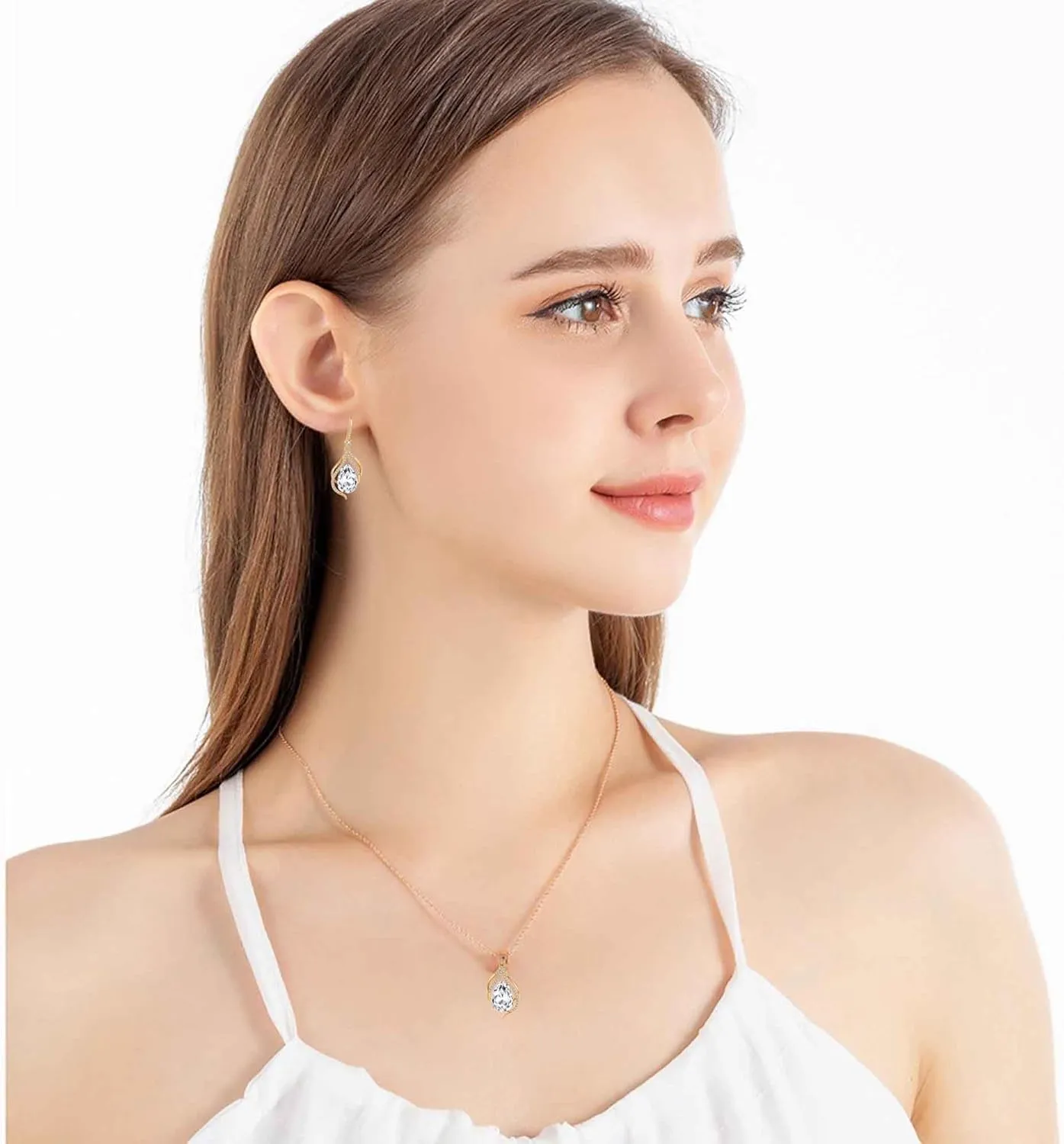 EVEVIC Austrian Crystals Teardrop Hollow Twisted Pendant Necklace Earrings for Women 14K Gold Plated Halo Drop Dangle Earrings Hypoallergenic Jewelry Set
