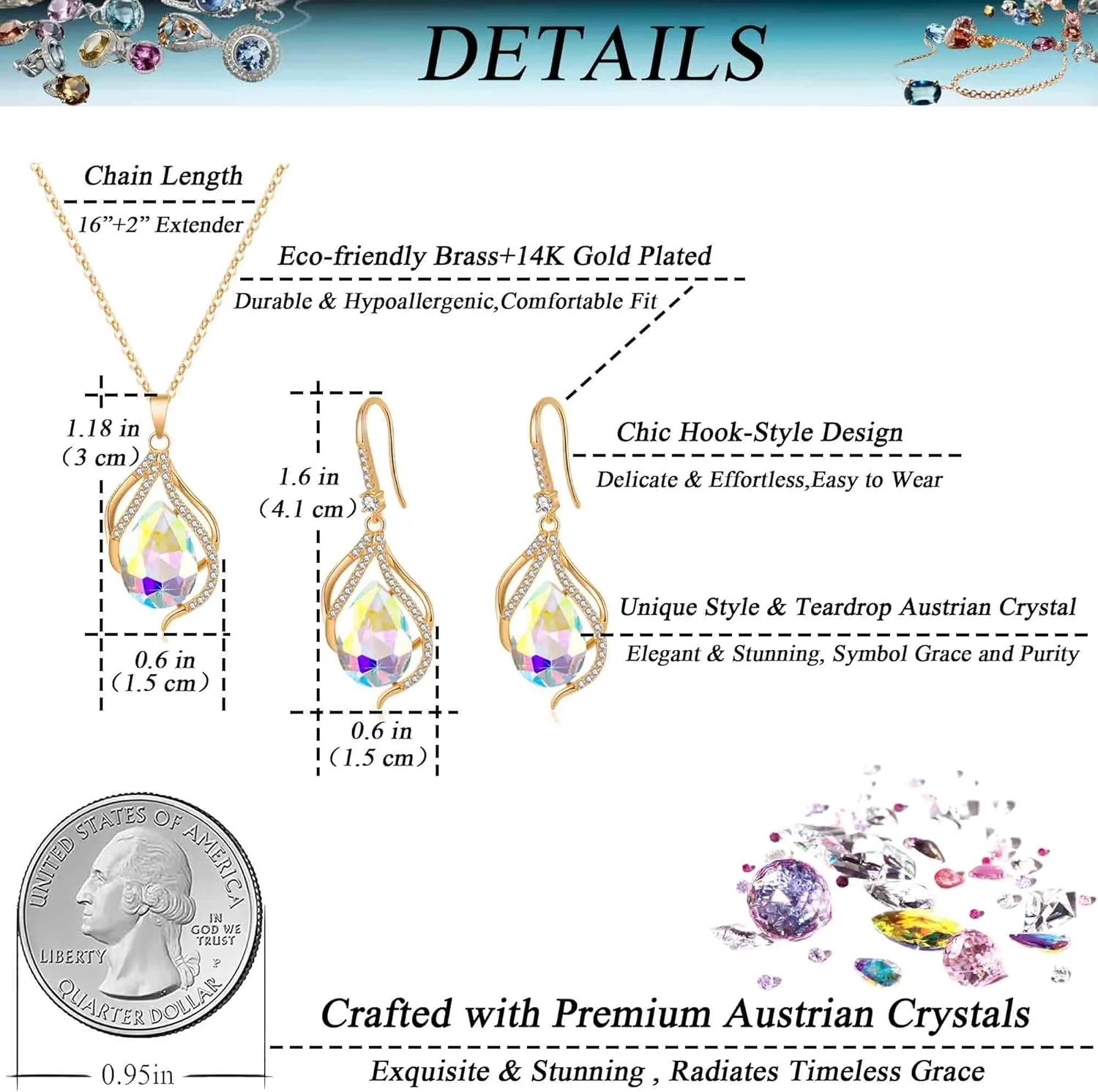 EVEVIC Austrian Crystals Teardrop Hollow Twisted Pendant Necklace Earrings for Women 14K Gold Plated Halo Drop Dangle Earrings Hypoallergenic Jewelry Set