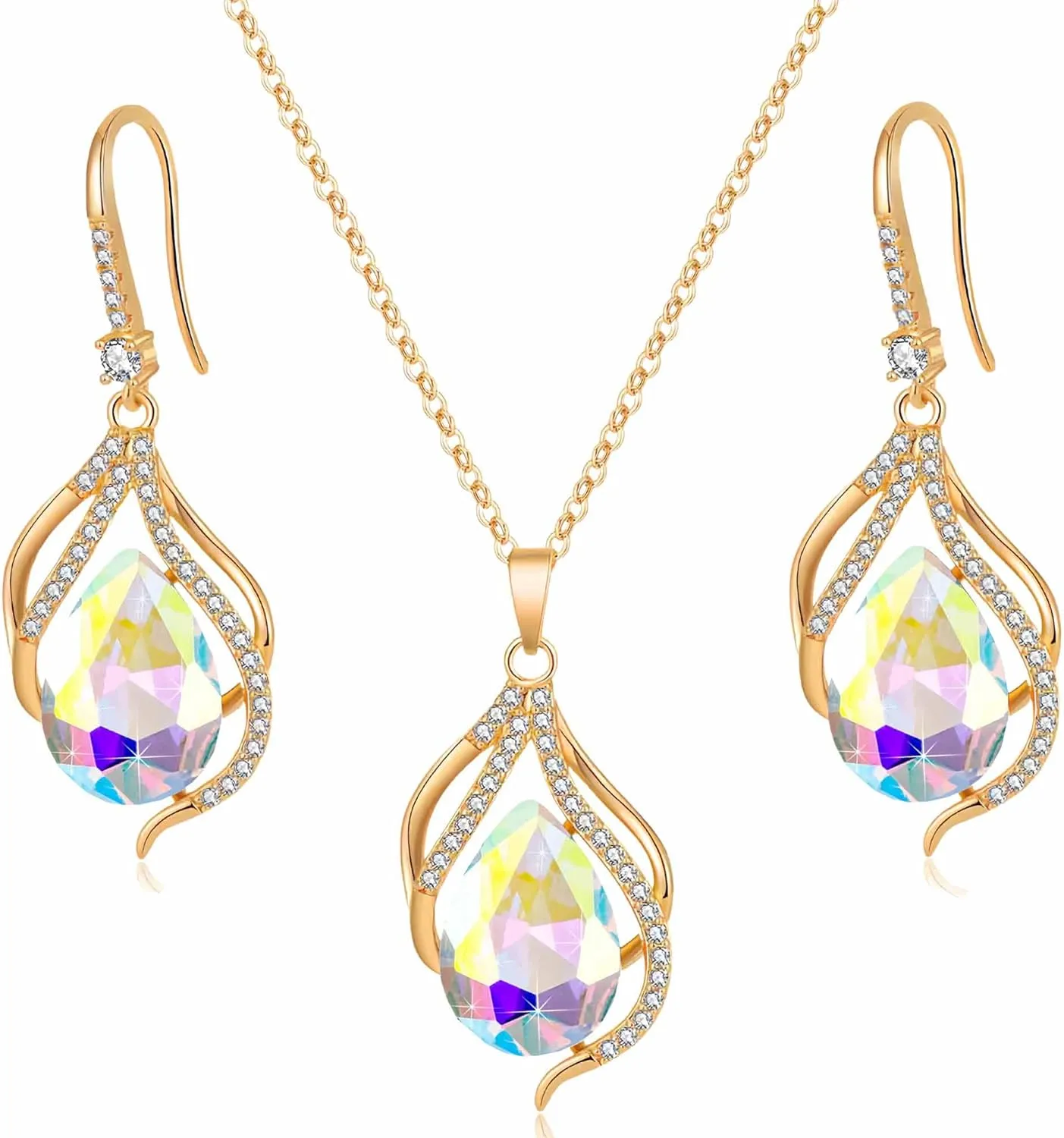 EVEVIC Austrian Crystals Teardrop Hollow Twisted Pendant Necklace Earrings for Women 14K Gold Plated Halo Drop Dangle Earrings Hypoallergenic Jewelry Set