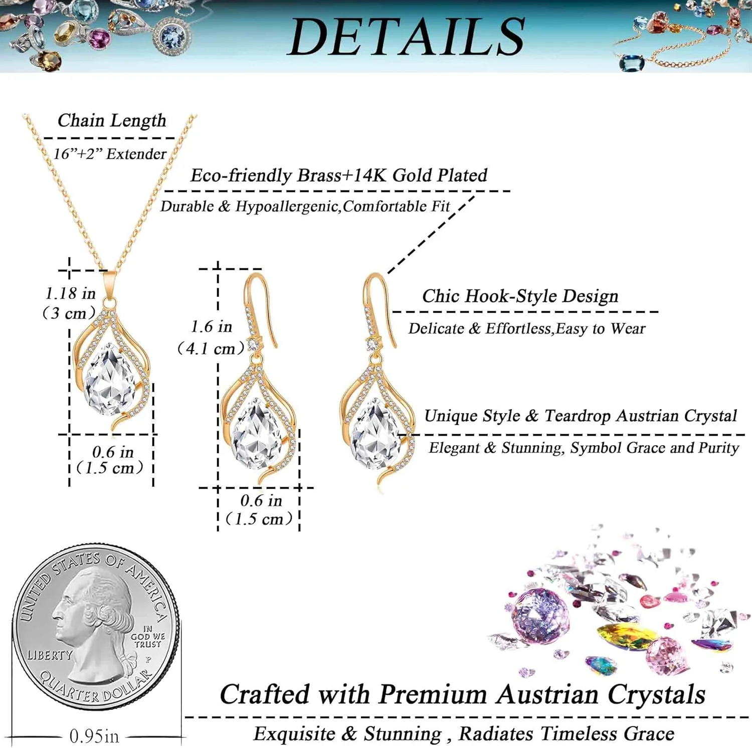 EVEVIC Austrian Crystals Teardrop Hollow Twisted Pendant Necklace Earrings for Women 14K Gold Plated Halo Drop Dangle Earrings Hypoallergenic Jewelry Set