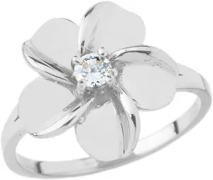 Exotic Sterling Silver Solitaire Diamond Hawaiian Plumeria Flower Ring