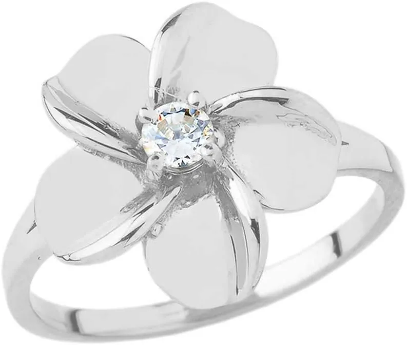 Exotic Sterling Silver Solitaire Diamond Hawaiian Plumeria Flower Ring