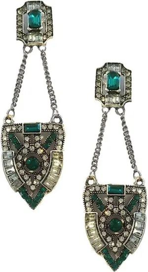 Extra Long Art Deco Antique Retro Vintage Style Flapper Green Emerald Rhinestone Wedding Bridal Prom Dangle Earrings