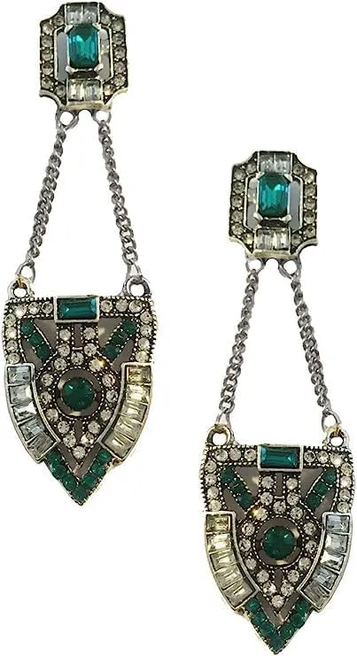 Extra Long Art Deco Antique Retro Vintage Style Flapper Green Emerald Rhinestone Wedding Bridal Prom Dangle Earrings